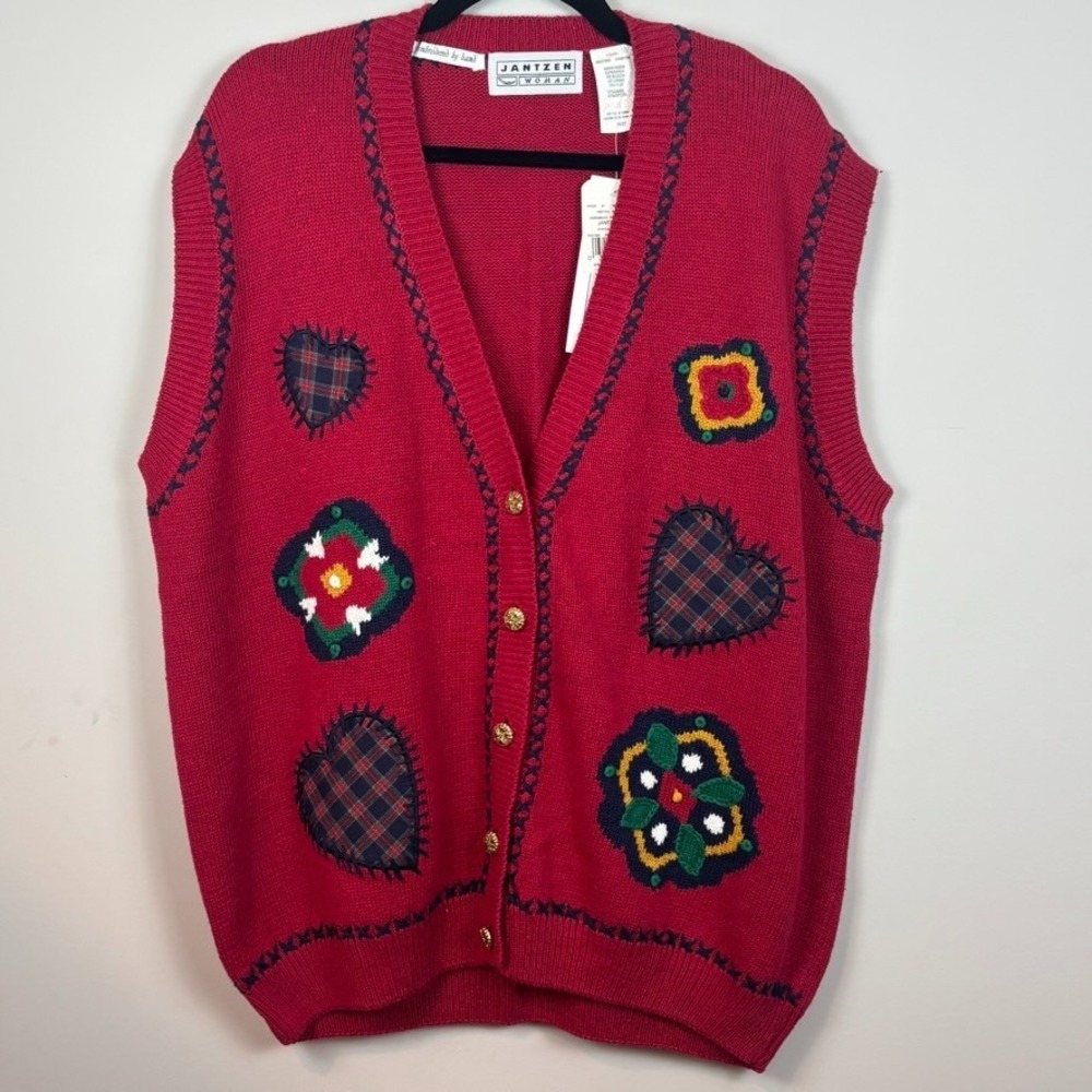 VTG Deadstock Jantzen Sweater Vest Womens 2X Red Embroidered Cardigan Grandma